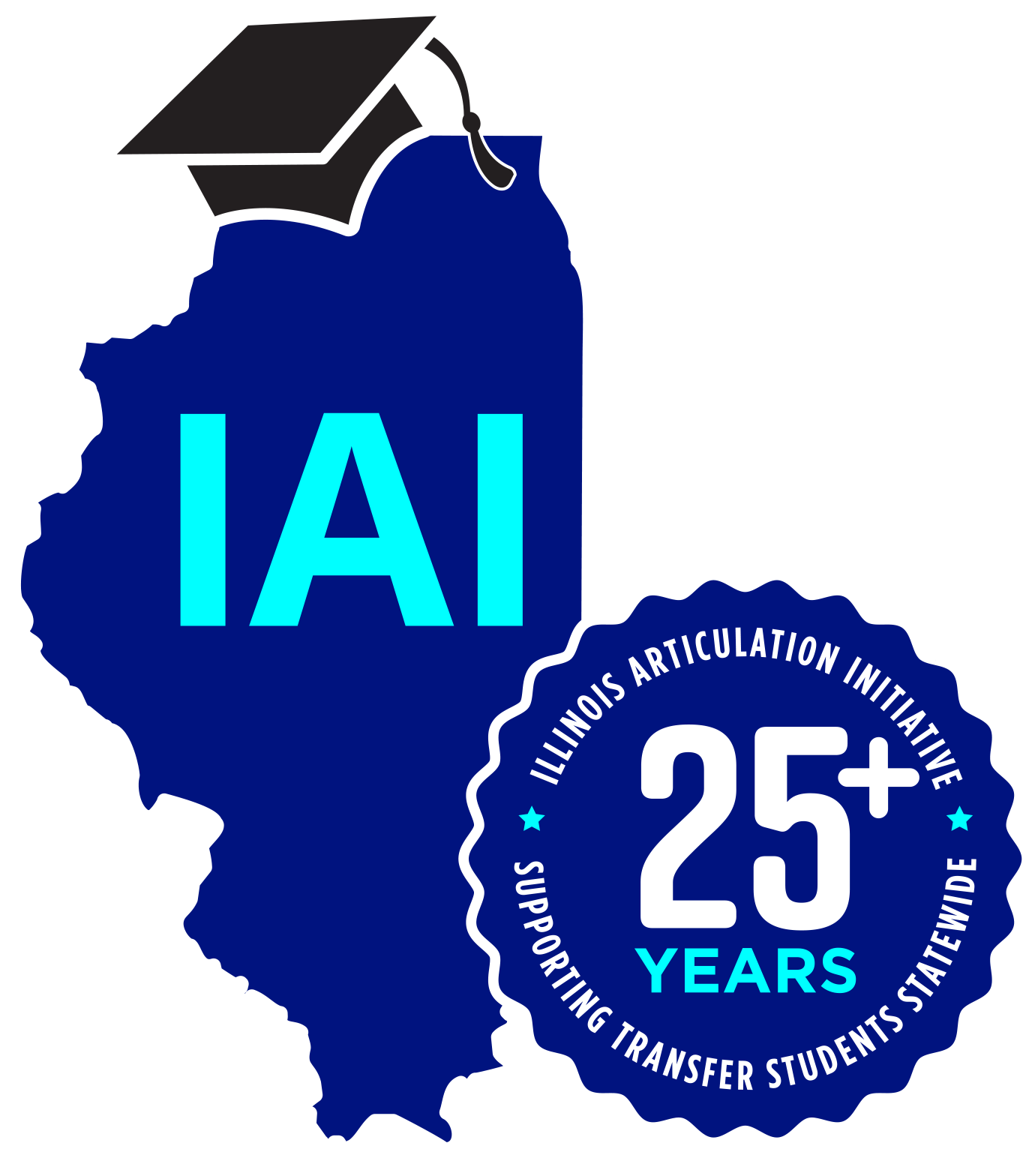 Blue State of Illinois with light blue IAI, tilted graduation on the left, lower right a medallion with 25 plus years