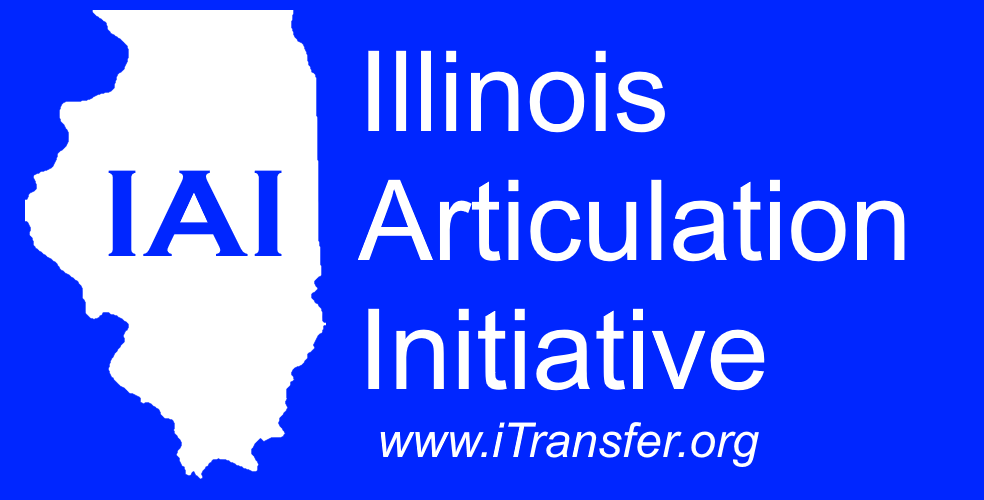 Updated IAI Logo - white state of Illinois on Blue Background with the words IAI and Illinois Articulation Initiative